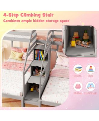 Wooden Twin Over Twin & Twin Bunk Bed w/ 4-Step Storage Staircase Guardrail