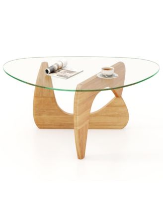 Triangle Coffee Table with Tempered Glass Top & Adjustable Rubber Wood Base
