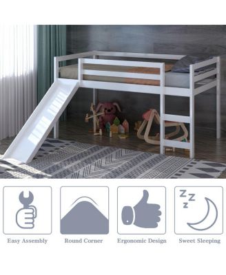 Twin Size Loft Bed with Slide Wood Low Sturdy Loft Bed Bedroom