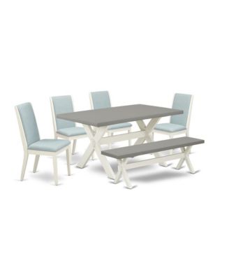 East West 6-Piece Dining Set: Medium Table, 4 Baby Blue Linen Parson Chairs & Bench – Stylish, Space-Saving Wood Furniture
