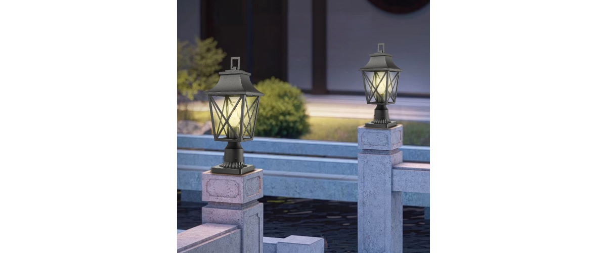 Outdoor Post Light, Black Pole Lantern Lighting Fixture with Pier Mount Base Hard Wired, Outdoor Column Lights Exterior Lamp Post Lantern with Glass f