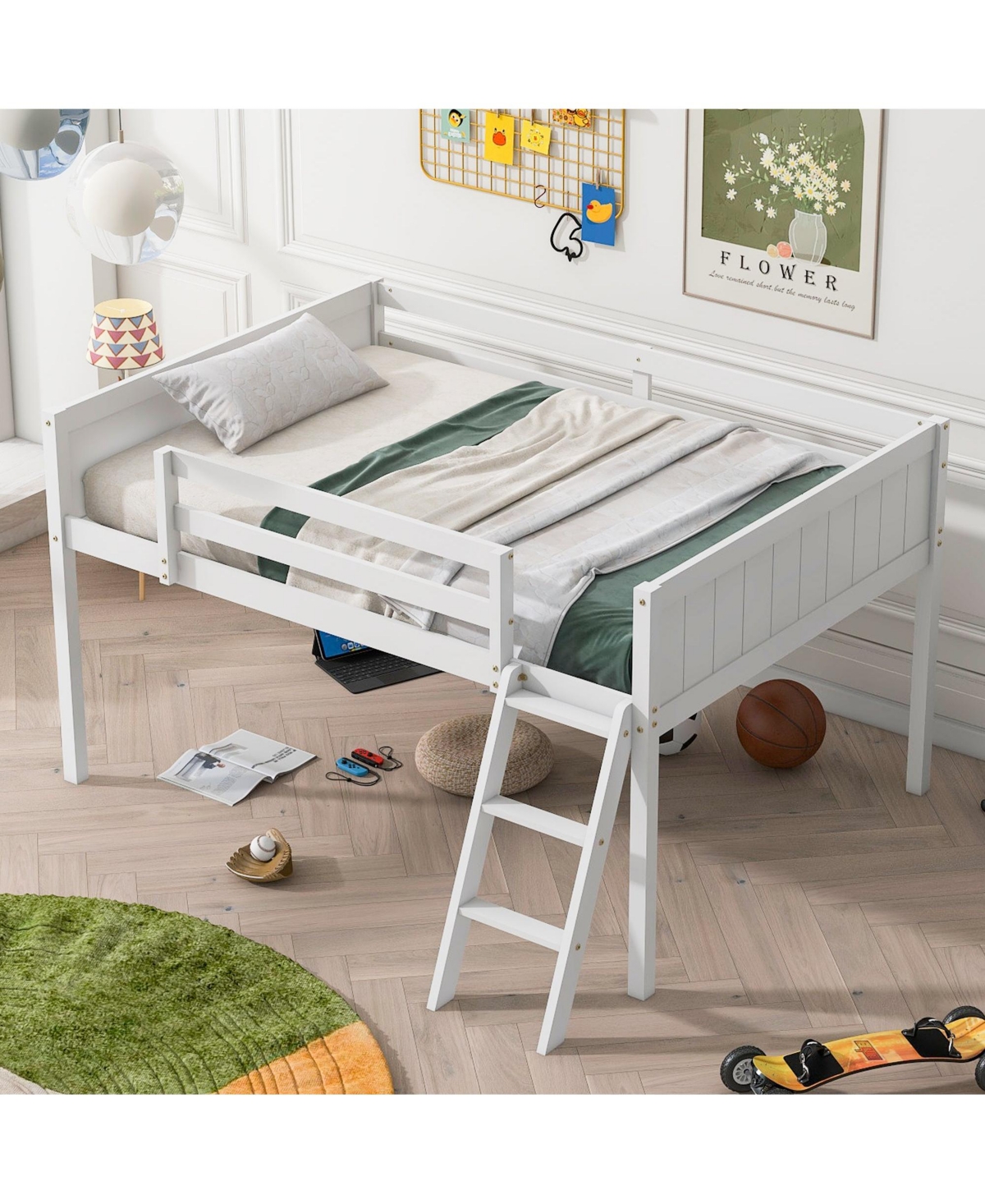 Full Wood Low Loft Bed With Ladder, Ladder Can Be Placed On The Left Or Right