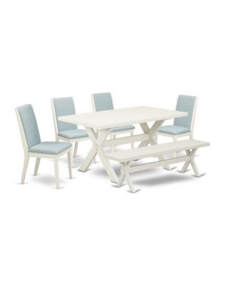 6 Pc Set Medium Size Dining Table with Bench and 4 Baby Blue Linen Fabric Button Tufted Parson Chairs