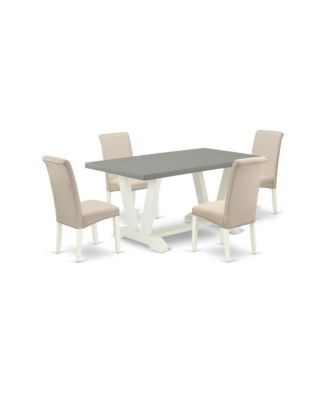 5-Piece Gorgeous Dining Room Set an Outstanding Cement Color Kitchen Table Top and 4 Excellent Linen Fabric Dining Room Chairs
