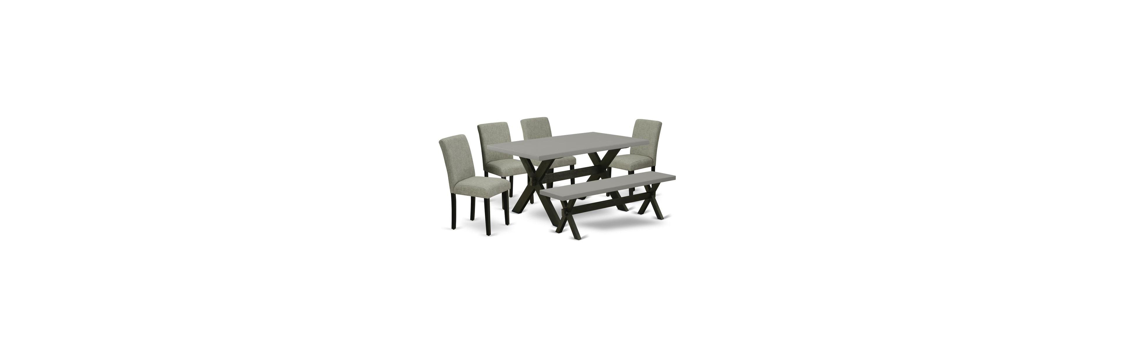 East West Furniture 6-Pc Kitchen Table Set - 4 Dining Chairs, a Dining Bench Cement Top and 1 Modern Cement Dining Table Top with High Chair Back