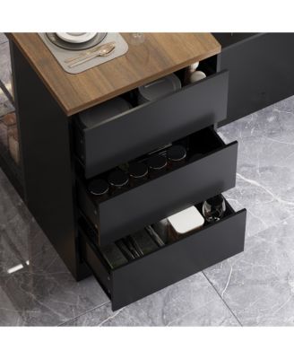 Kitchen Island with 3 drawers, glass shelves, light strip, dining table, coffee station and microwave rack for dining room