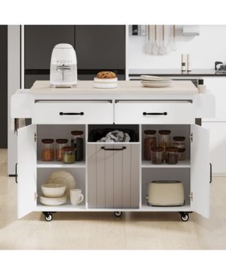 Rolling Kitchen Island with Drop Leaf and Trash Can Storage, Mobile Cart with Drawers & Cabinets for Small Kitchens-Maison Boucle