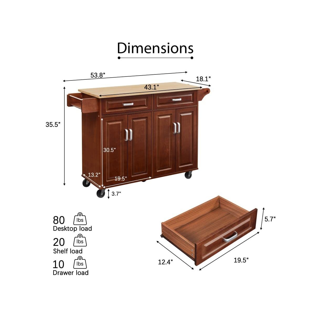 Maison Boucle 54" Rolling Kitchen Island Cart with Drawers, Cabinets, Spice Rack & Towel Bar, Walnut Finish-Maison Boucle