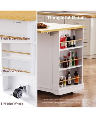 48'' Farmhouse-Style White Kitchen Island Cart with Foldable Countertop, Power Strip, 5 Side Racks, and Drawers