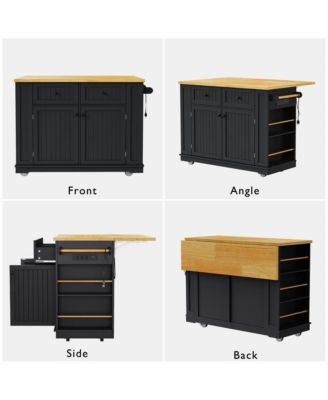 48'' Farmhouse-Style White Kitchen Island Cart with Foldable Countertop, Power Strip, 5 Side Racks, and Drawers