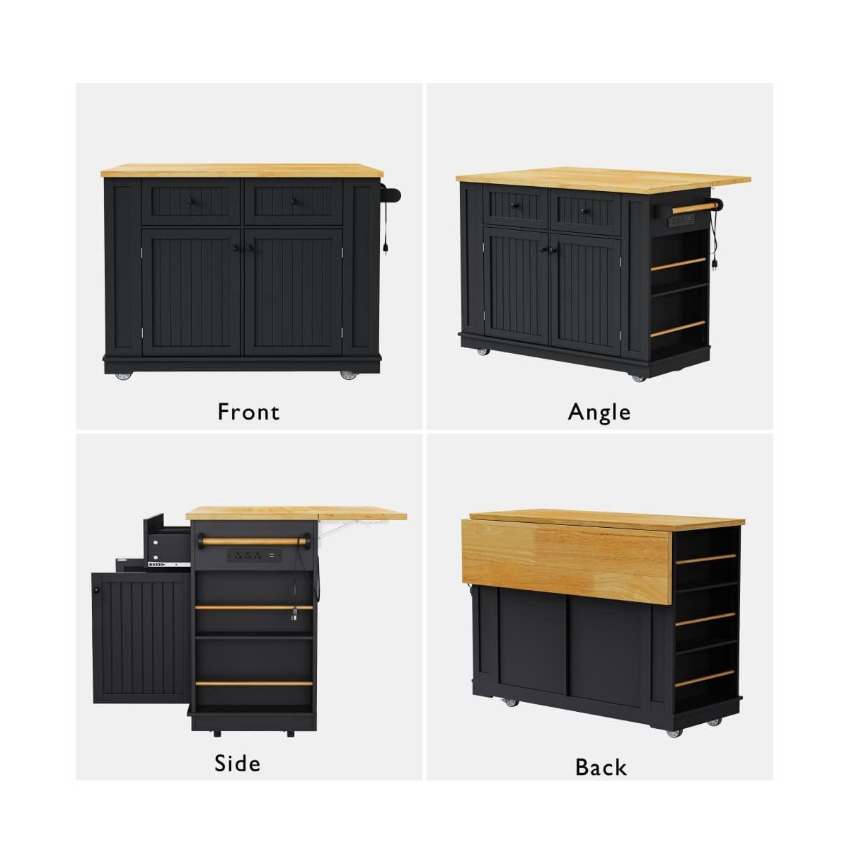 Maison Boucle 48'' Farmhouse-Style White Kitchen Island Cart with Foldable Countertop, Power Strip, 5 Side Racks, and Drawers-Maison