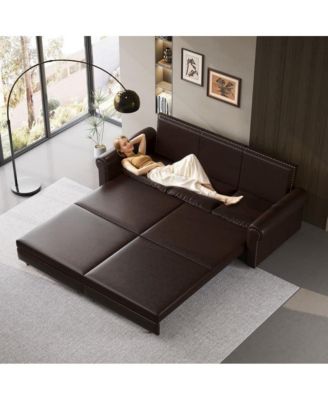 93.7" Faux Leather King Pull Out Sofa Bed, 3-in-1 Convertible Sleeper Couch with Rolled Arms & Nailhead Trim for Living Room