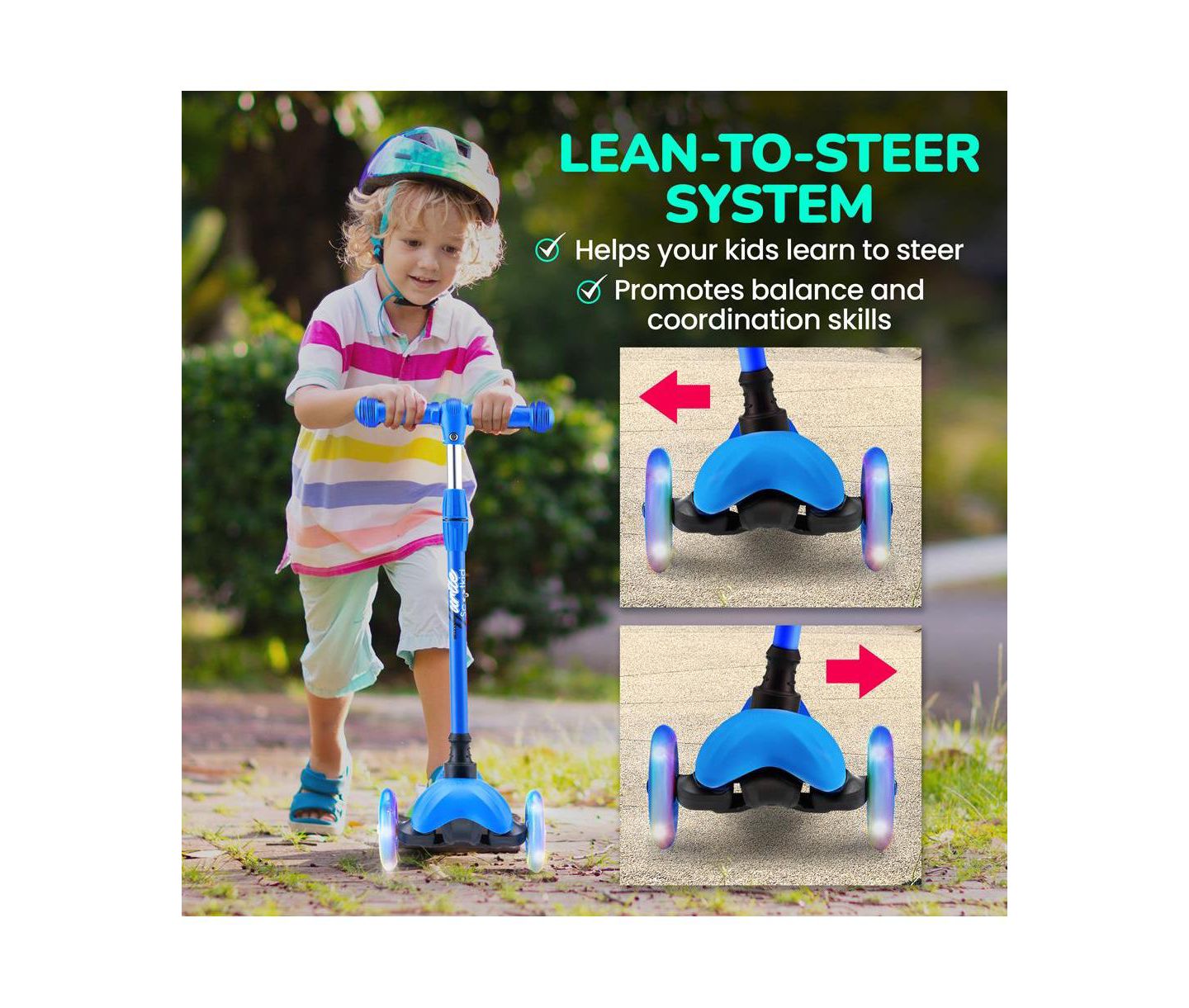 Детская игрушка Hurtle Lightweight 3-Wheel Mini Kickboard Scooter with LED Light Wheels, Ages 2+, цвет: Синий — фото 2