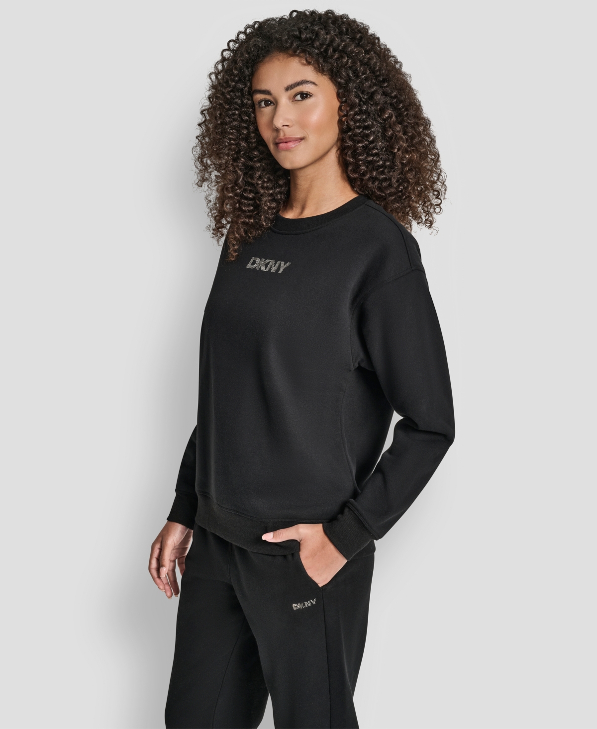 Dkny Women's Rhinestone Logo Long Line Crewneck Sweatshirt In Black