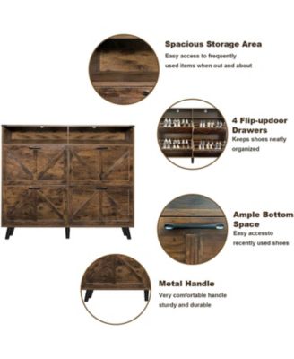 Shoe Storage Cabinet with 4 Flip Drawers and Open Storage, Freestanding Narrow Shoe Rack Cabinet for Entryway, Hallway, Living Room, Dark Brown