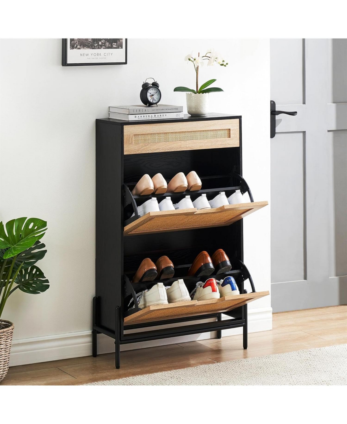 gaomon Natural Rattan Storage Cabinet with 2 Flip Drawers, Wooden Entry Way Cabinet with Storage with Adjustable Shelf and Metal Legs,Black