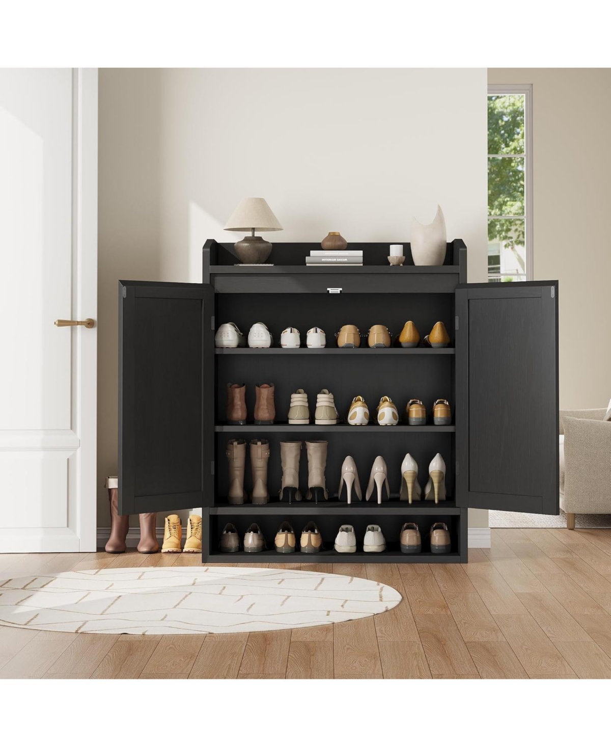 Rattan Shoe Cabinet with 2 Doors, Wooden Shoe Storage Organizer with Adjustable Shelves, 5-Tier Shoe Storage Cabinet for Entryway, Hallway, Closet, Li