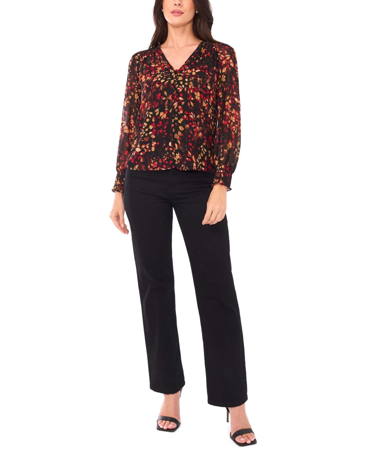 Sam & Jess Petite V-neck Smocked-shoulder Blouse In Brown