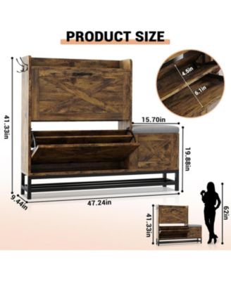 Shoe Cabinet with 2 Flip-Drawers &amp; Storage Bench, Farmhouse Wood Freestanding Shoe Rack with 2 Hooks &amp; Bottom Shelf for Entryway