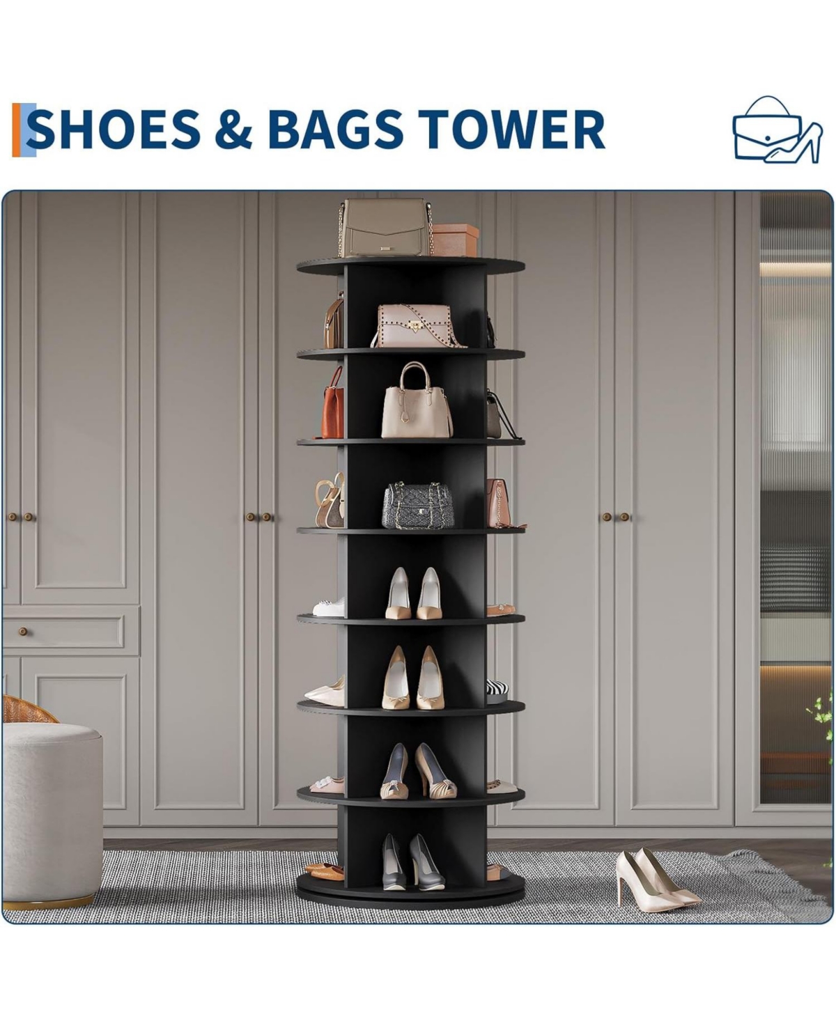 Gaomon 7-Tier 360° Rotating Shoe Rack – Freestanding, vertical spinning organizer for compact shoe storage.