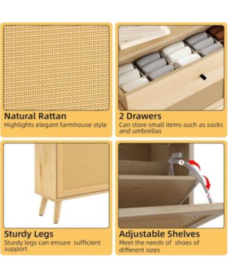 Shoe Cabinet Storage with 4 Flip Drawers, Rattan Narrow Shoe Rack Cabinet Storage for Entryway Hallway Living Room Closet, Nature Oak