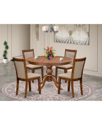 5-Pc Kitchen Table Set A Pedestal Wooden Table, 4 Light Tan Fabric Dining Chairs
