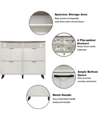 Shoe Storage Cabinet, Farmhouse Shoe Organizer with 4 Flip Drawers and Open Storage,Freestanding Narrow Shoe Rack Cabinet,White