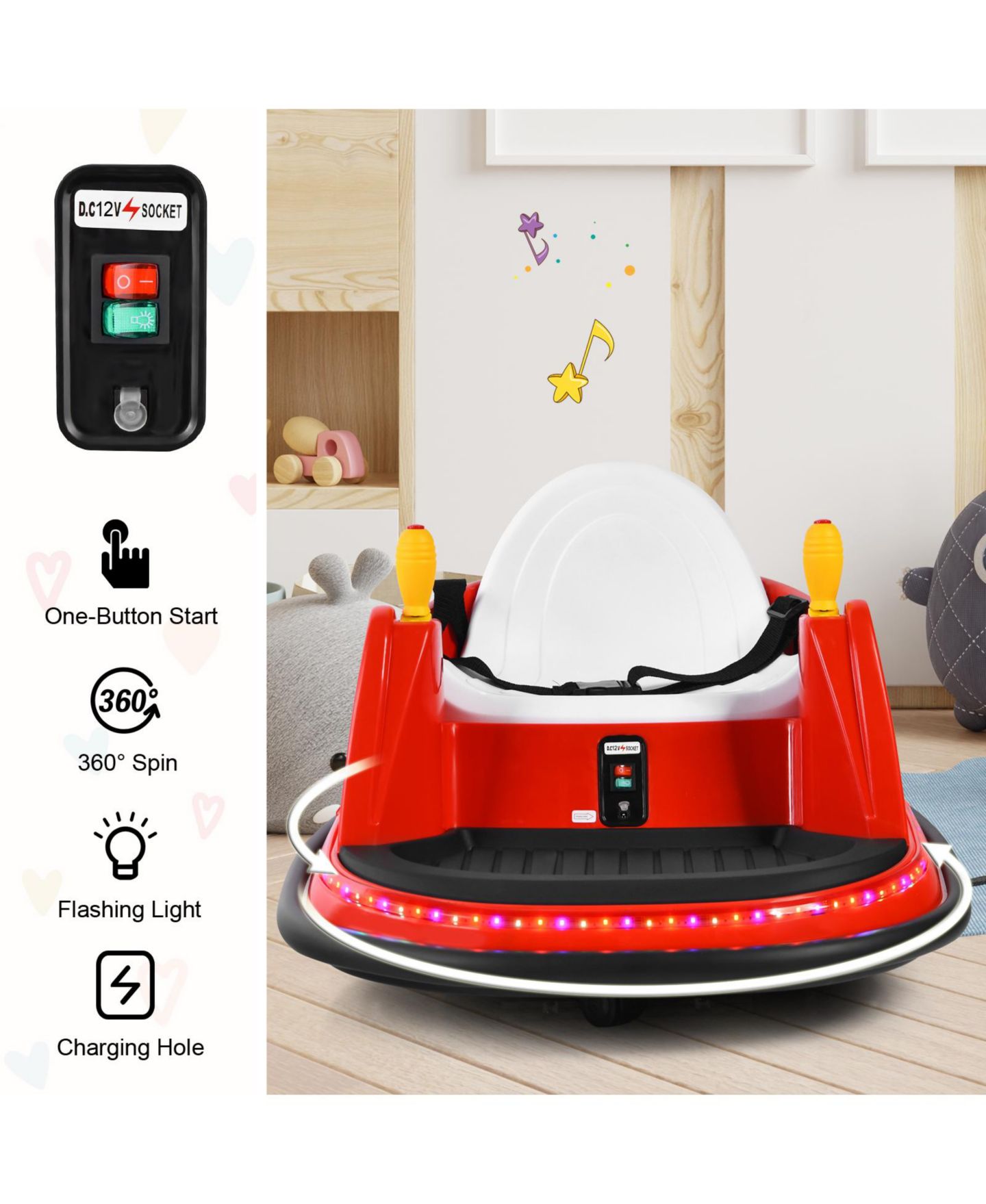 Детская игрушка HONGGE 12V Electric Flashing Lights 360-Degree Spin Ride-On Bumper Car, 1 Seat, Ages 2+, цвет: Красный — фото 2