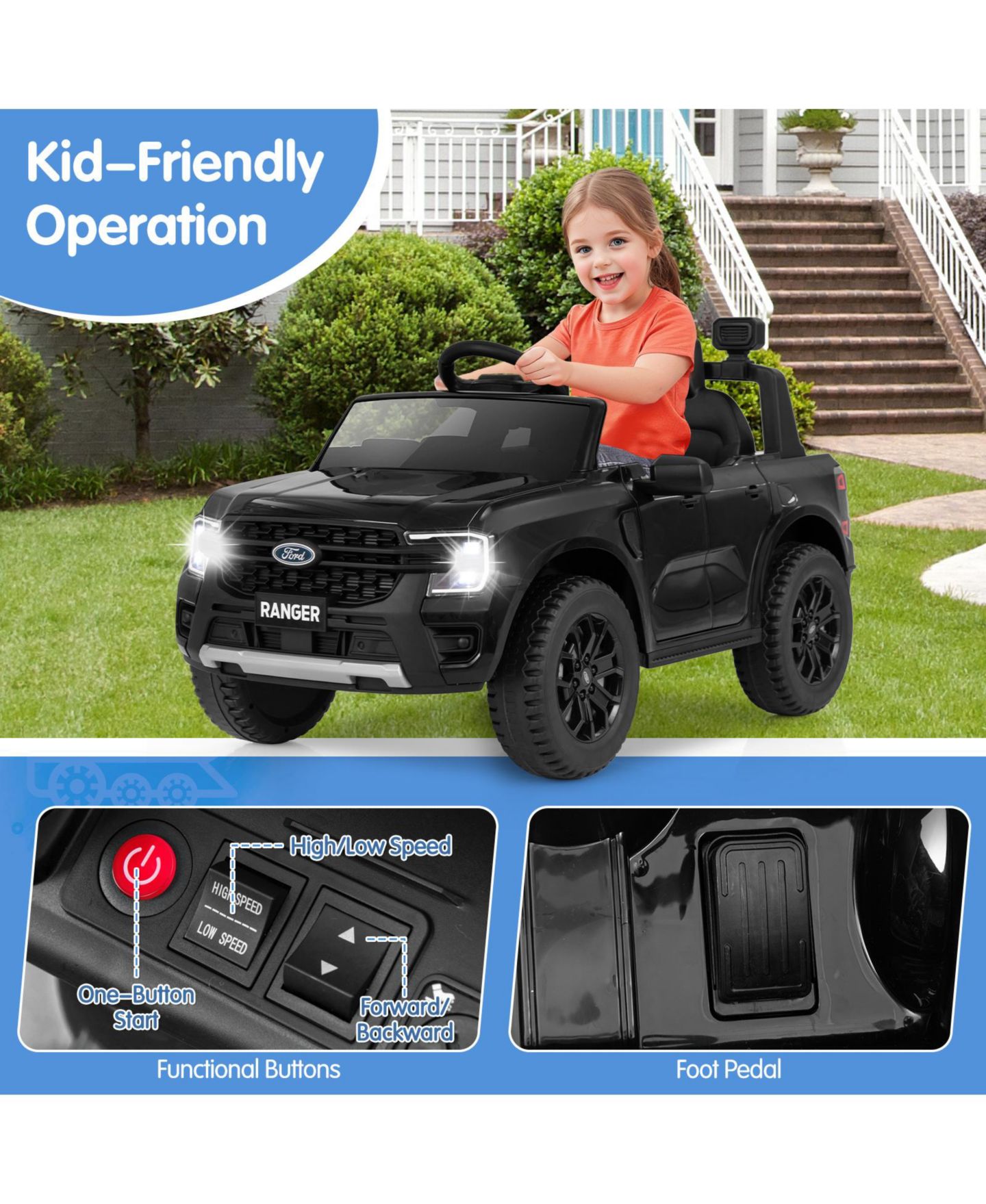 Детская игрушка HONGGE Licensed Ford Ranger 41.5"L x 25"W x 24"H 12V Remote Control Ride-On Car, 1-Seat, Ages 3-7, цвет: Чёрный — фото 7