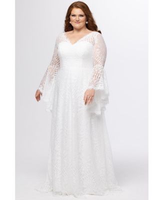 Women's Boho Wedding Dress with Crochet Lace & Bell Sleeves