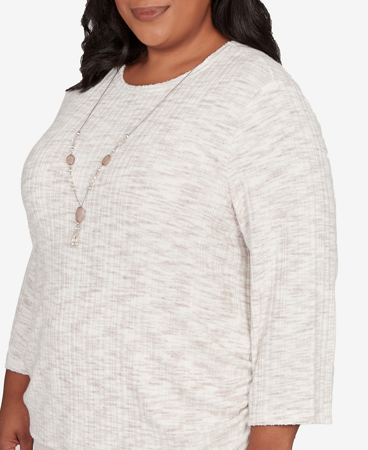 Alfred Dunner Plus Size Calm Luxe Space Dye Knit Top With Necklace In Neutral