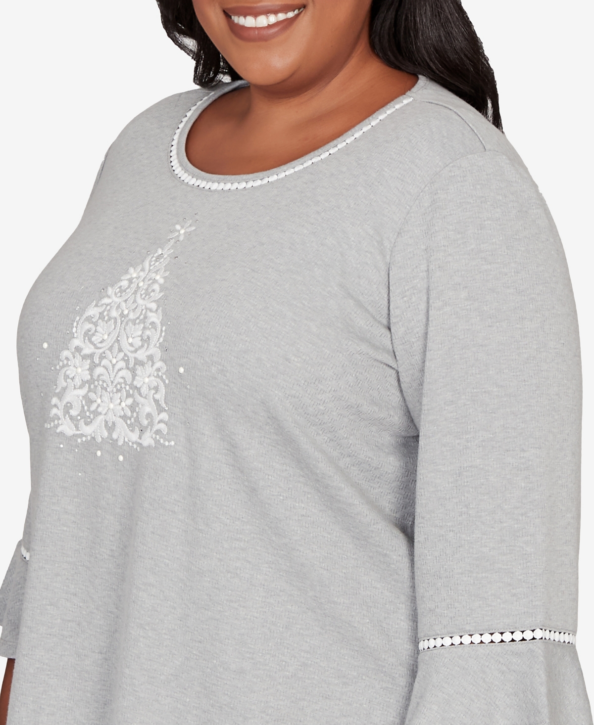 Alfred Dunner Plus Size Stockbridge Christmas Tree Embellished Knit Top In Gray