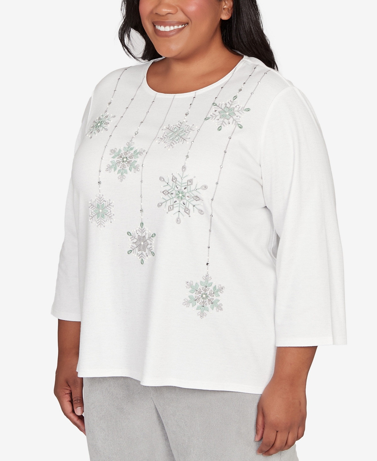 Alfred Dunner Plus Size Stockbridge Snowflake Crew Neck Top In White