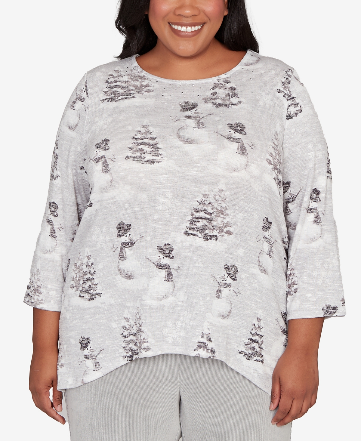Alfred Dunner Plus Size Stockbridge Playful Snowmen Scene Knit Top In Gray