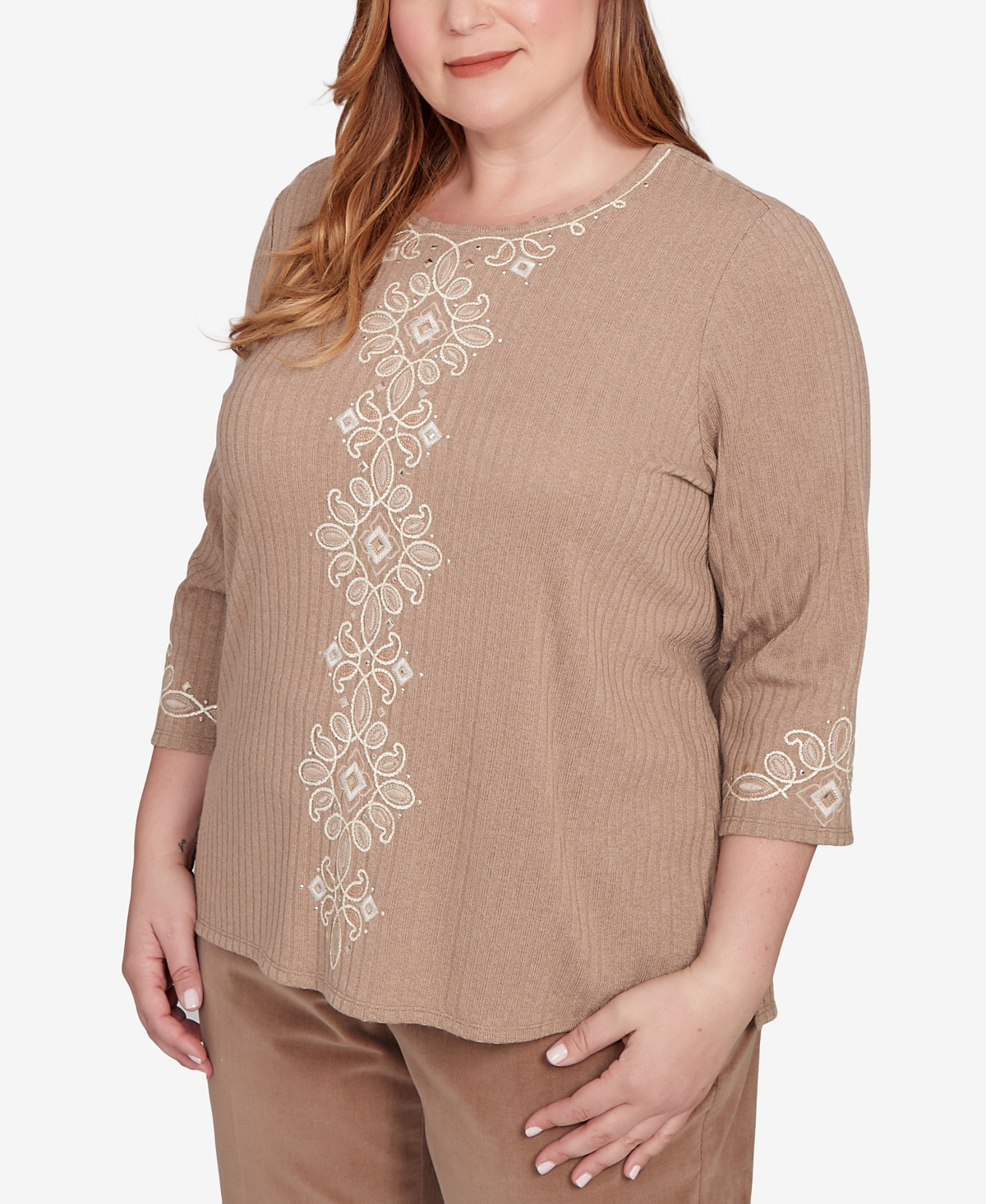 Alfred Dunner Plus Size Vienna Embroidered Medallion Center Knit Top In Brown