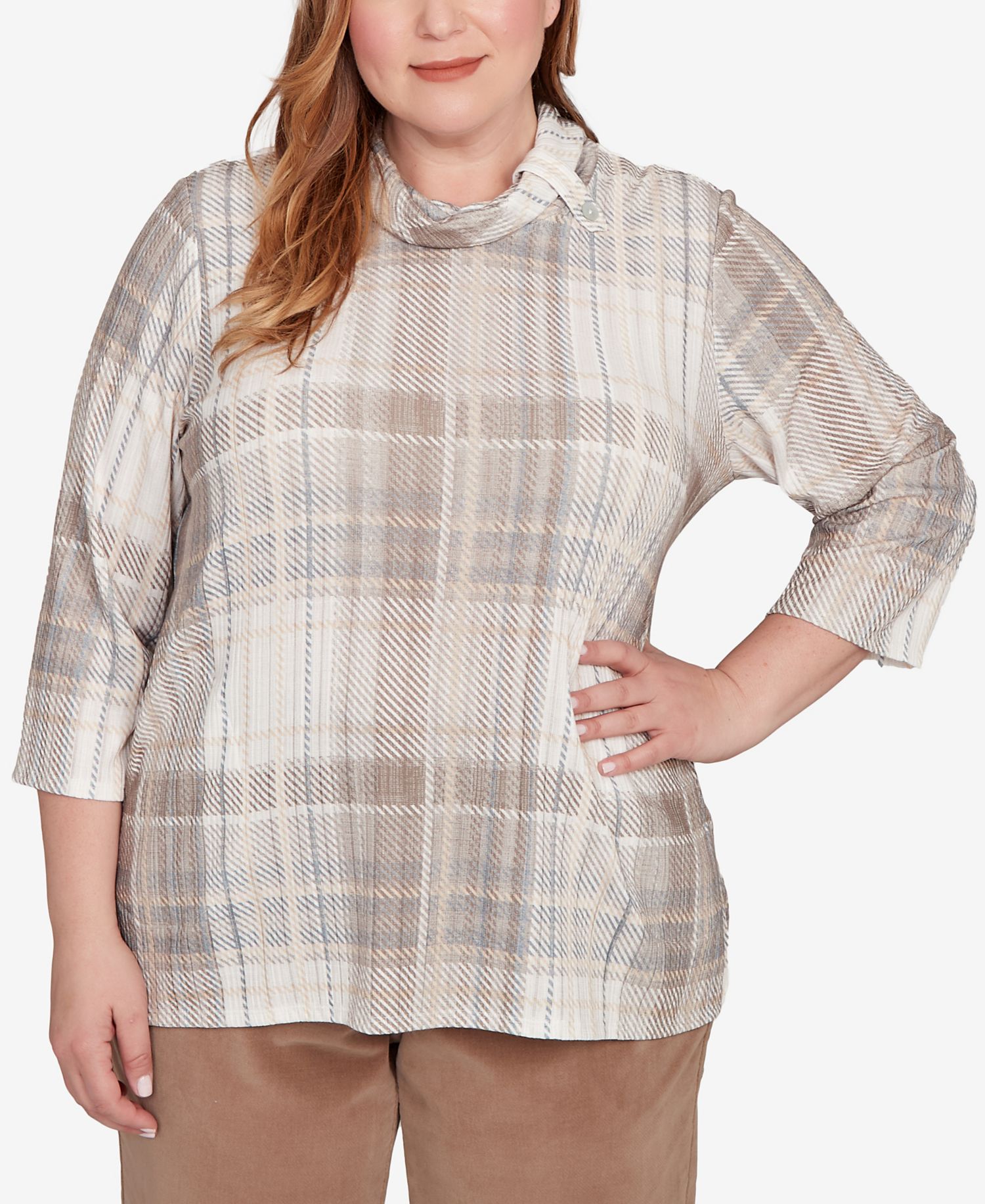 Plus Size Vienna Draped Cowl Neckline Plaid Knit Top