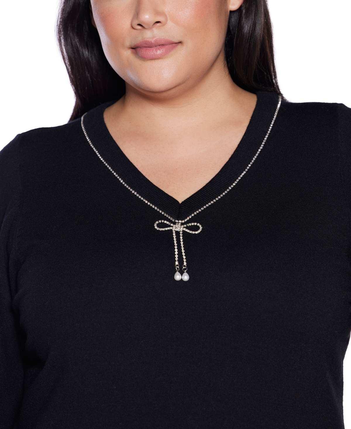 Belldini Plus Size V-Neck Rhinestone-Bow Sweater