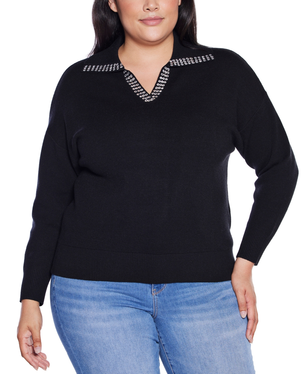 Belldini Plus Rhinestone-Trimmed Split-Neck Sweater