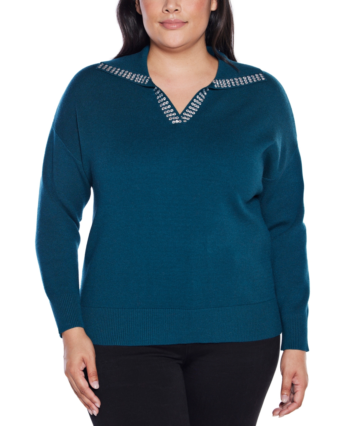 Belldini Plus Size Rhinestone-trimmed Split-neck Sweater In Blue