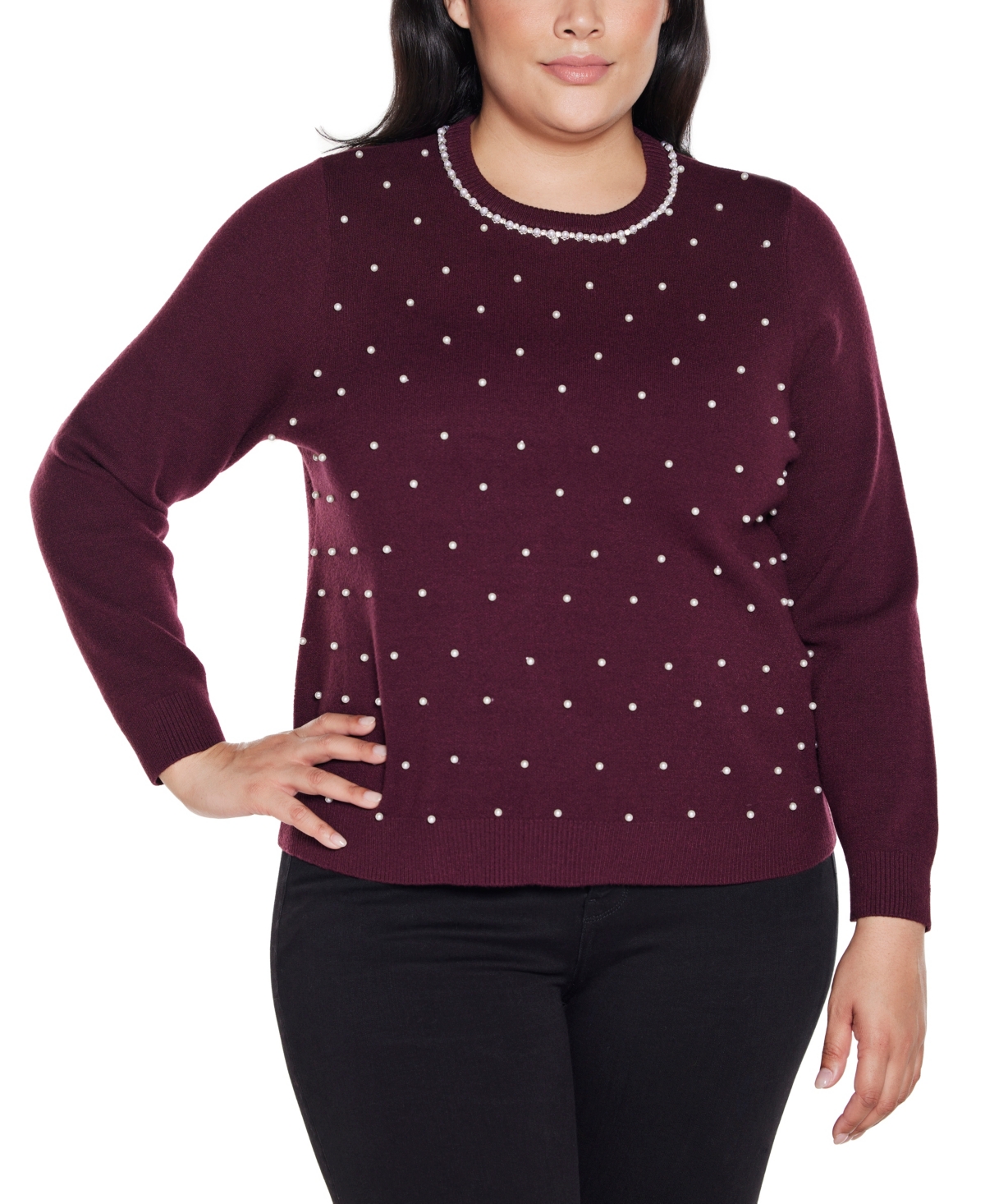Belldini Plus Size Front-embellished Sweater In Burgundy