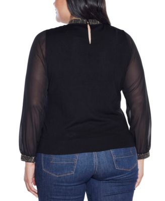 Plus Size Black Label Rhinestone-Neckline Chiffon-Sleeve Sweater