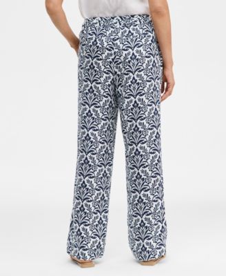 Women's 100% Linen Tile Pull-On Wide-Leg Pants, Macy's Exclusive