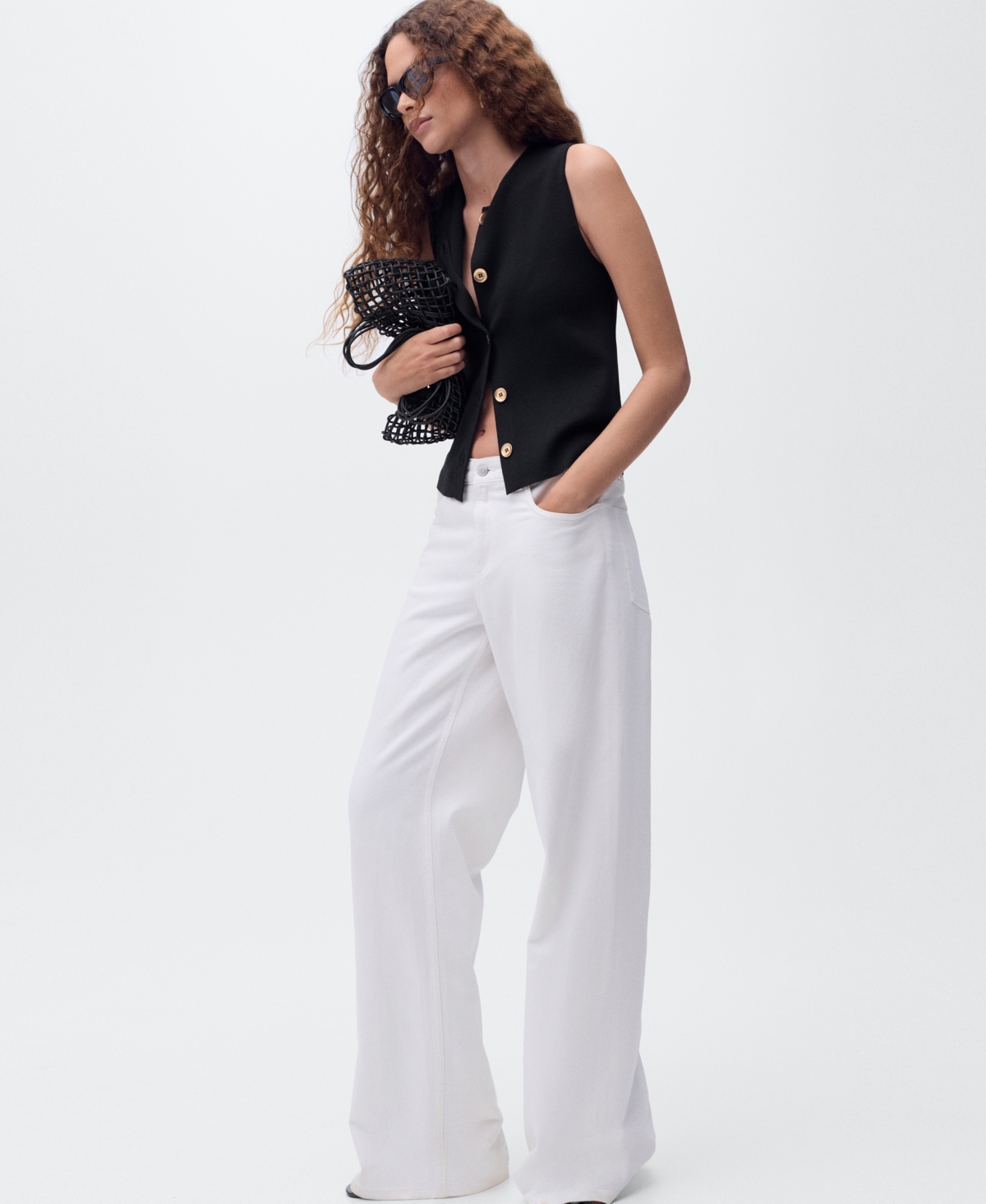 Mango Knit High Neck Vest With Gold Buttons In Black