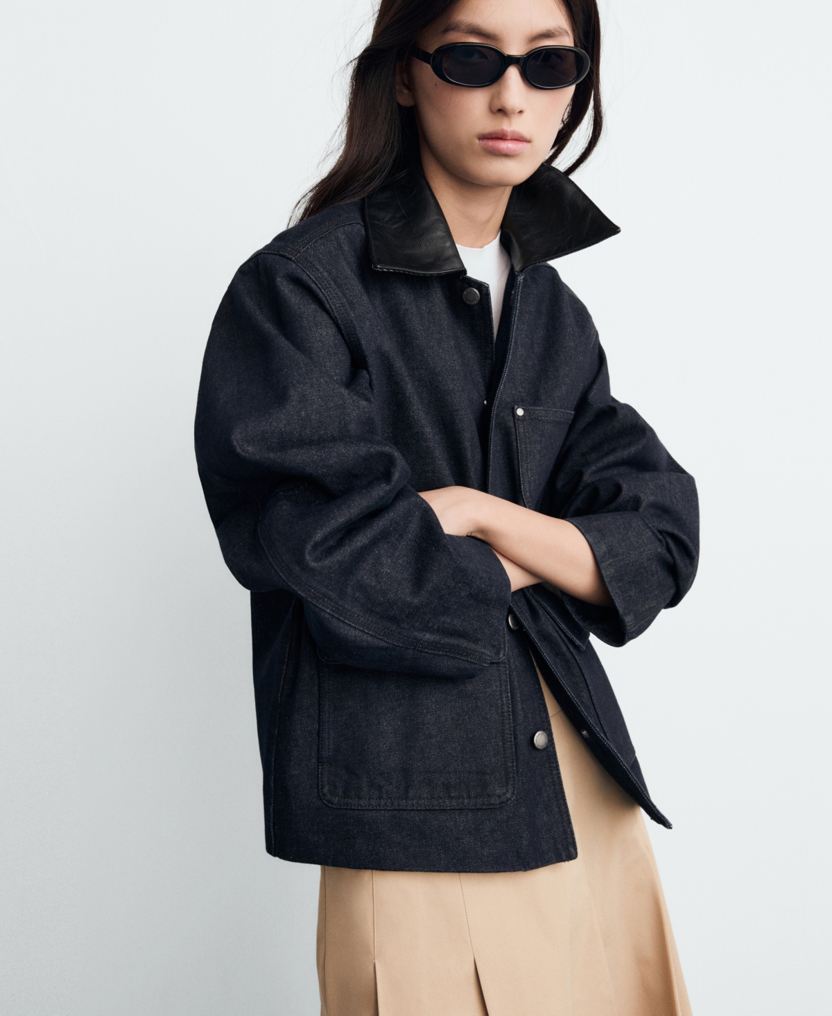 Mango Women's Leather-effect Collar Denim Jacket In Black