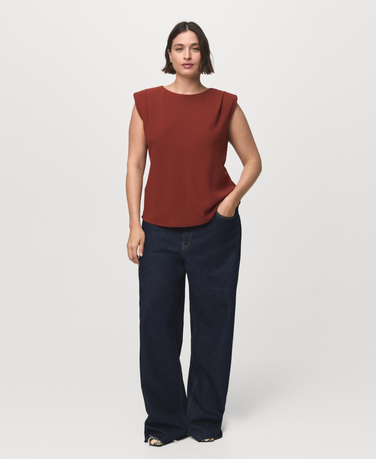 Mango Ruched Strong Shoulder Top In Red