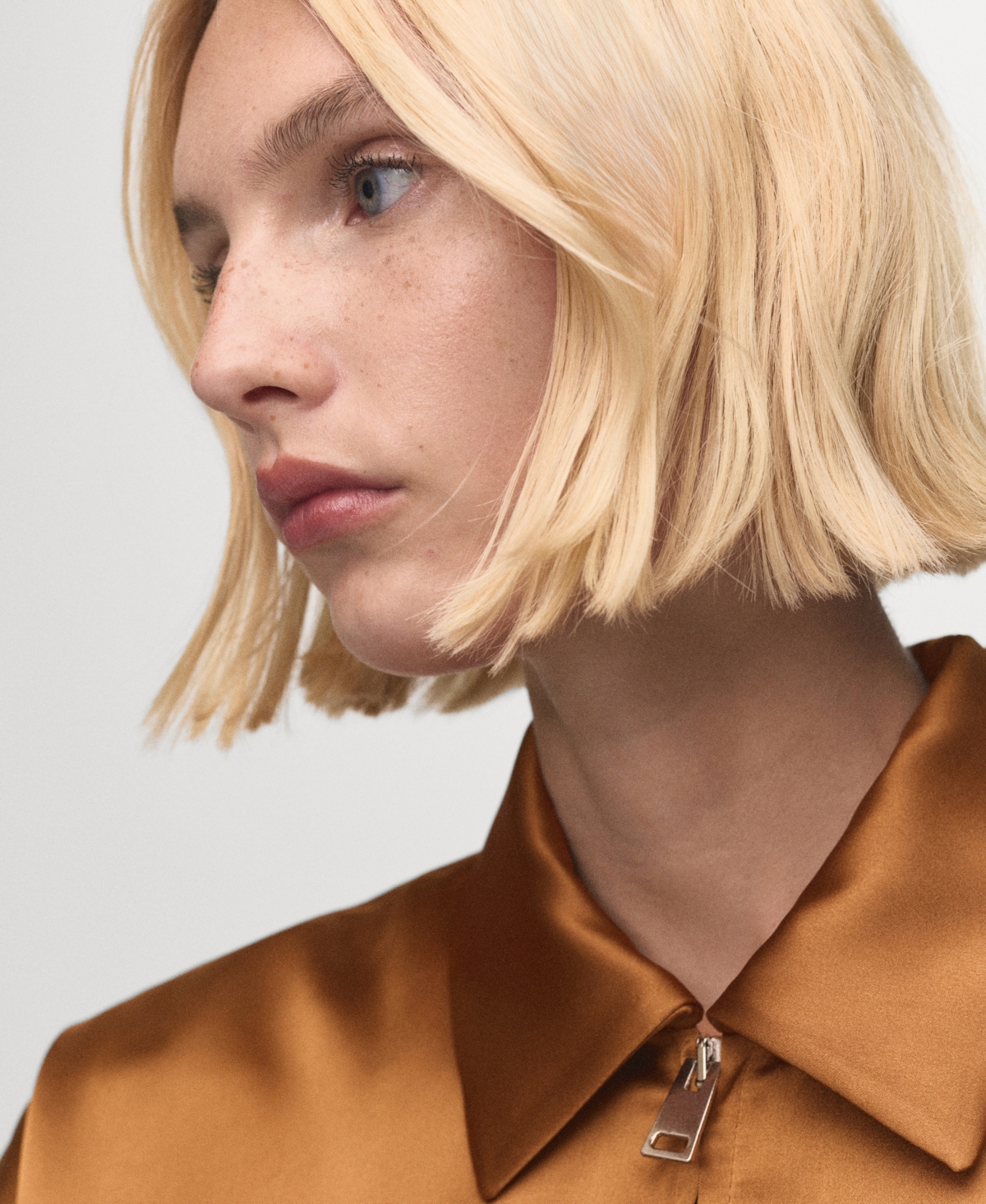 Mango Front Zip Satin Jacket In Brown