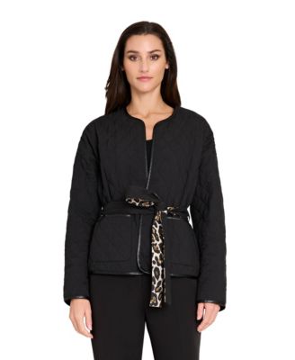 Women&#39;s Collarless Tie Belt Quilted Reversible Jacket