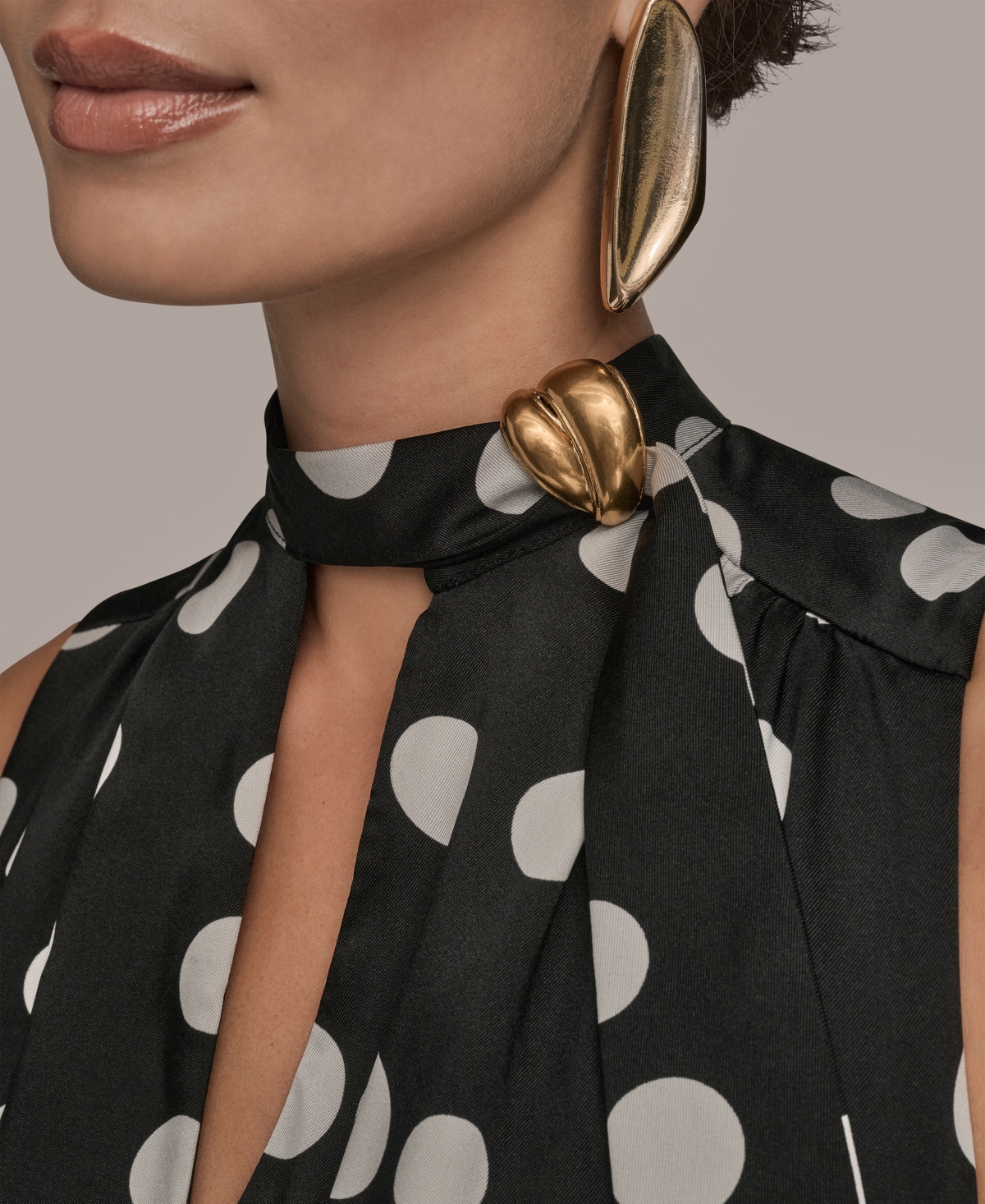 Donna Karan Women's Dot-print Tie-neck A-line Dress In Black