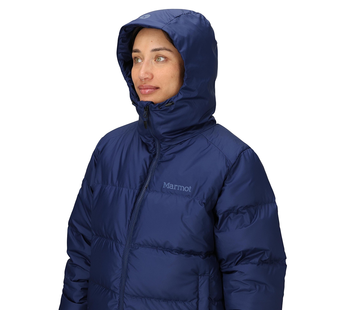 Marmot Women's Guides Big-baffled Puffer Hooded Jacket In Blue