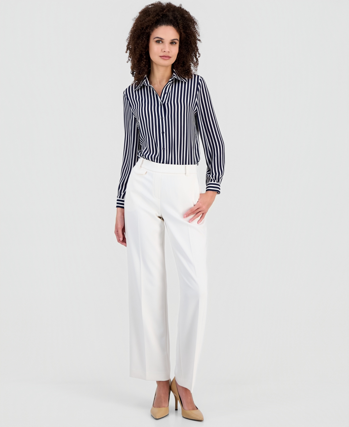 Ak Anne Klein Petite Stripe Button-front Slim-fit Shirt In Blue